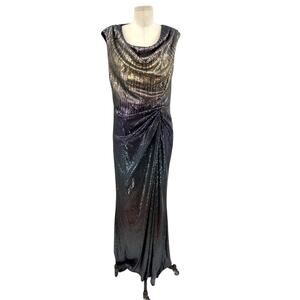 Tadashi Shoji Sequin Gown Long Ruched Metallic Ombre Gold Purple‎ Size 12